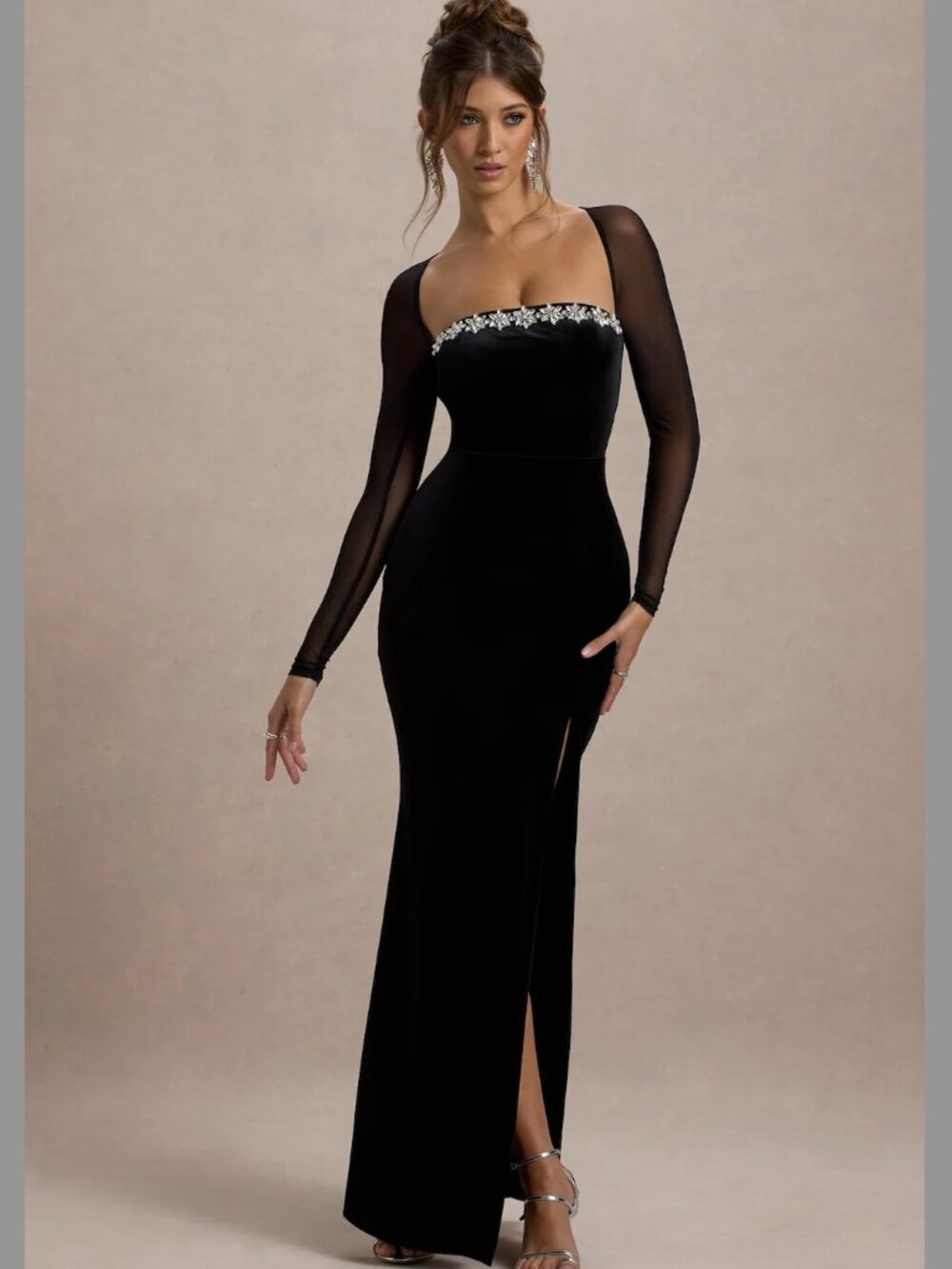 Black Velvet Embellished Square-Neck Split Maxi Dress